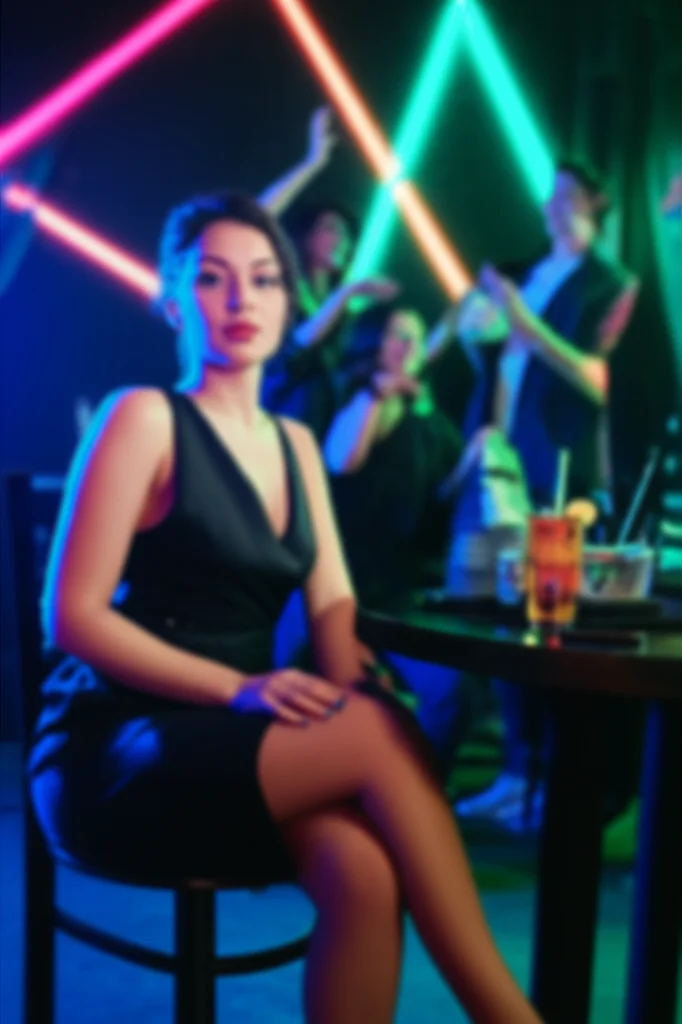 Scena in un locale notturno, una giovane donna seduta da sola a un tavolo con un drink, leggermente sfocata sullo sfondo un gruppo di persone che chiacchiera e ride, luce al neon ambientale, obiettivo zoom 24-70mm impostato a circa 50mm, atmosfera di isolamento e giudizio sociale.