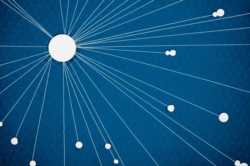 Visualizzazione astratta di multiple reti complesse con collegamenti sbiaditi che convergono verso un blueprint centrale ben definito, obiettivo macro 60mm, alto dettaglio, illuminazione controllata.