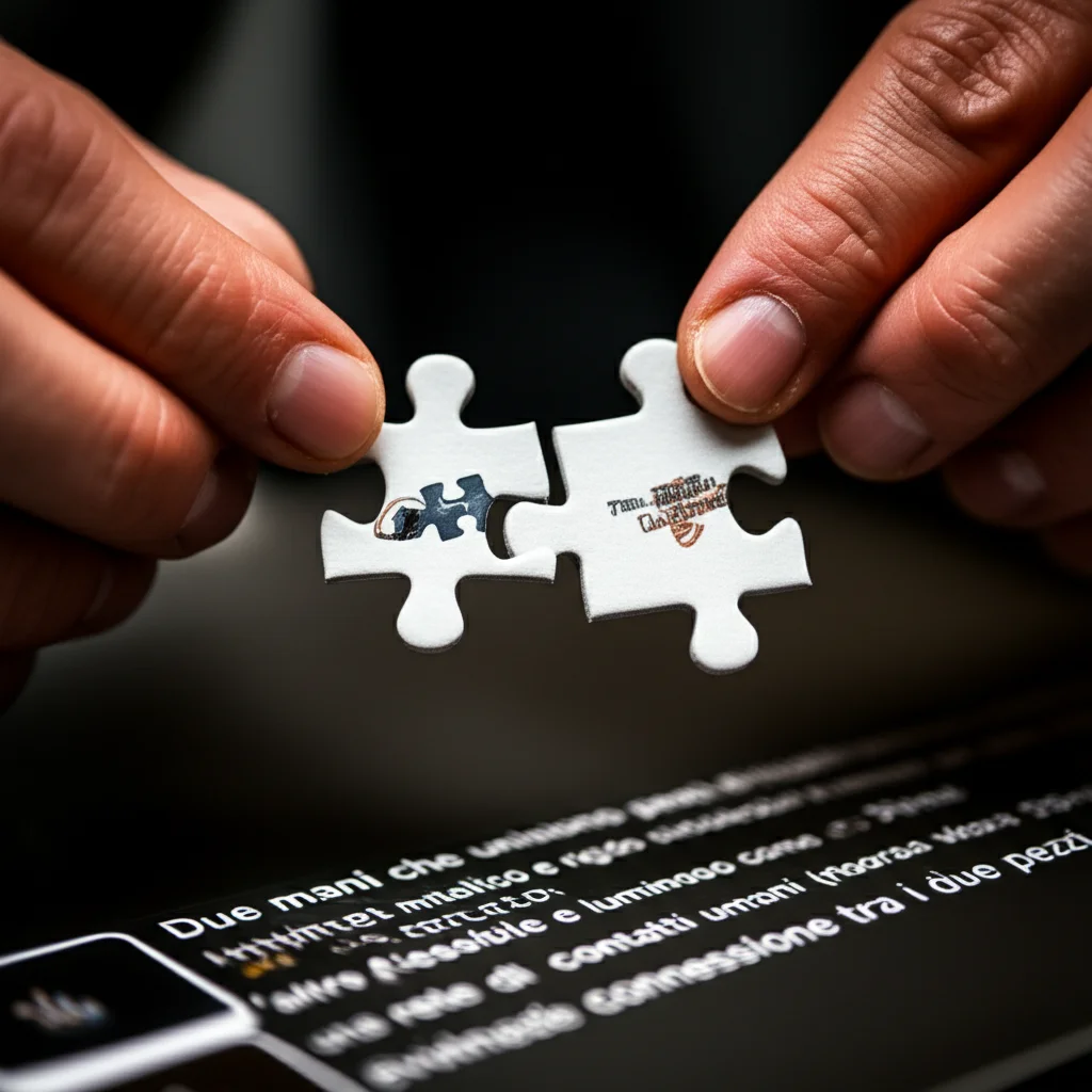 Due mani che uniscono pezzi di puzzle diversi: uno metallico e rigido simboleggiante una risorsa strategica come un brevetto, l'altro flessibile e luminoso come una rete di contatti umani (risorsa versatile). Prime lens, 35mm, depth of field, illuminazione drammatica che evidenzia la connessione tra i due pezzi.