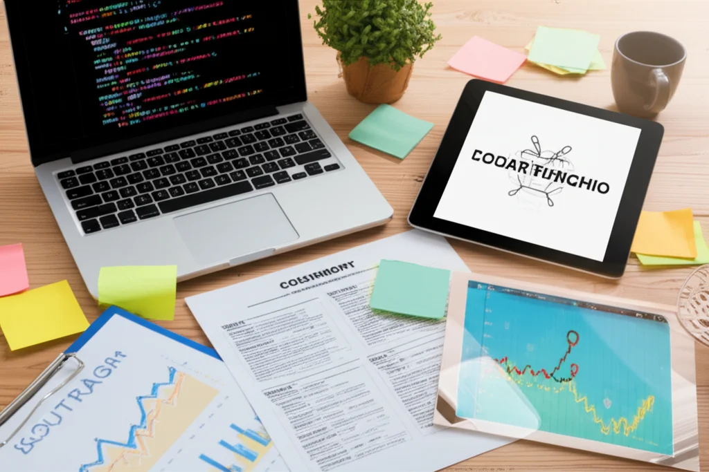 Una scrivania da startup vista dall'alto, con un documento simile a un brevetto, un tablet che mostra un logo accattivante (marchio), un laptop con righe di codice (copyright), circondati da post-it colorati, grafici di crescita e una tazza di caffè. Macro lens, 60mm, high detail, precise focusing, luce naturale morbida da una finestra laterale.