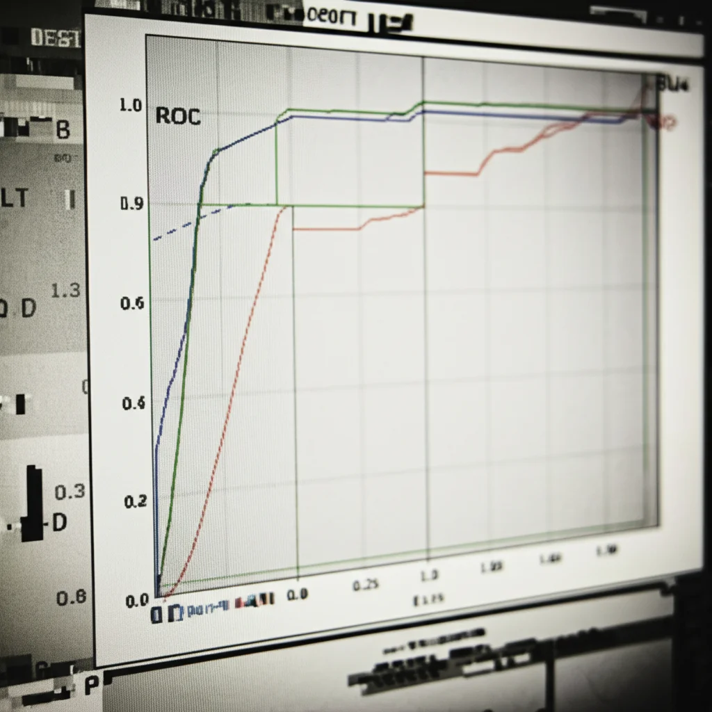 Grafico complesso di una curva ROC (Receiver Operating Characteristic) su uno schermo digitale, che mostra l'accuratezza di un modello di machine learning (AUC elevato), obiettivo prime 50mm, stile 'film noir' con contrasti accentuati, profondità di campo che mette a fuoco la curva.