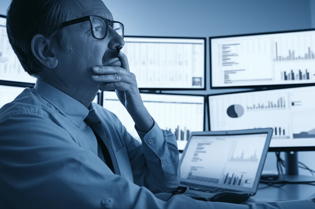 Fotografia di ritratto, obiettivo da 35 mm, profondità di campo, che mostra un analista di dati che sembra stressato, circondato da più schermi di computer che mostrano grafici incoerenti e fogli di calcolo che rappresentano i dati Covid-19 da diverse regioni canadesi, blu e grigio duotone.