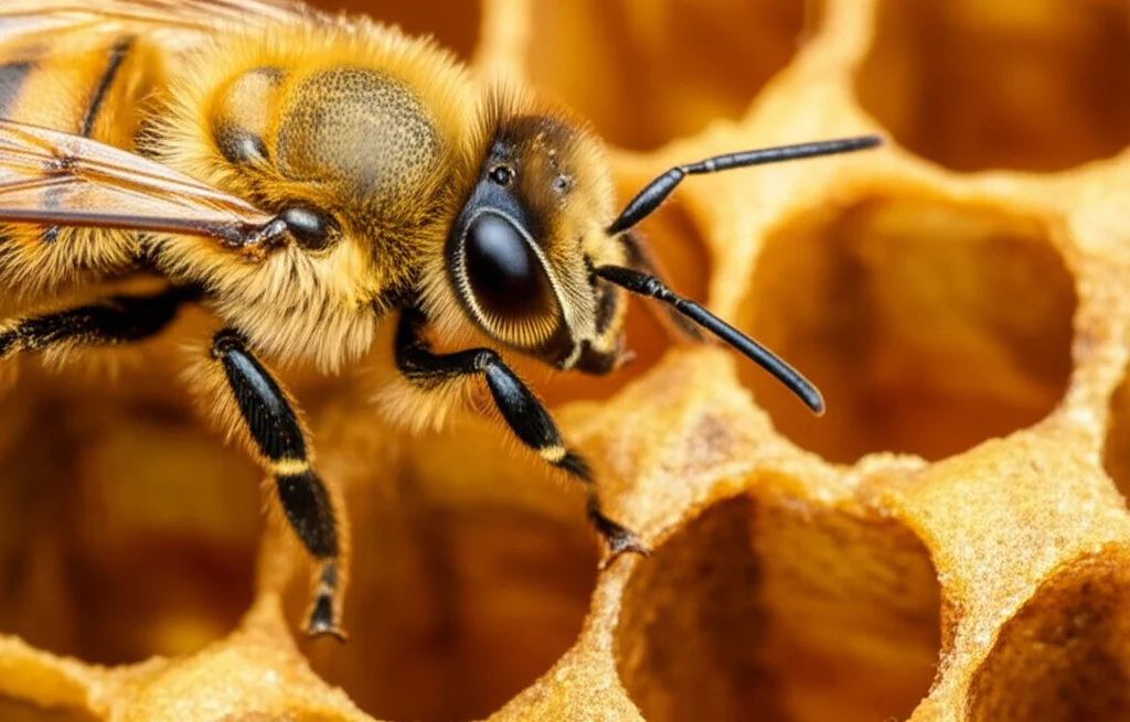 Fotografia macro di un'ape regina su un favo con scarsità di polline visibile nelle celle. Obiettivo macro 85mm, messa a fuoco precisa sulla regina, illuminazione leggermente drammatica per enfatizzare lo stress nutrizionale, alta definizione.