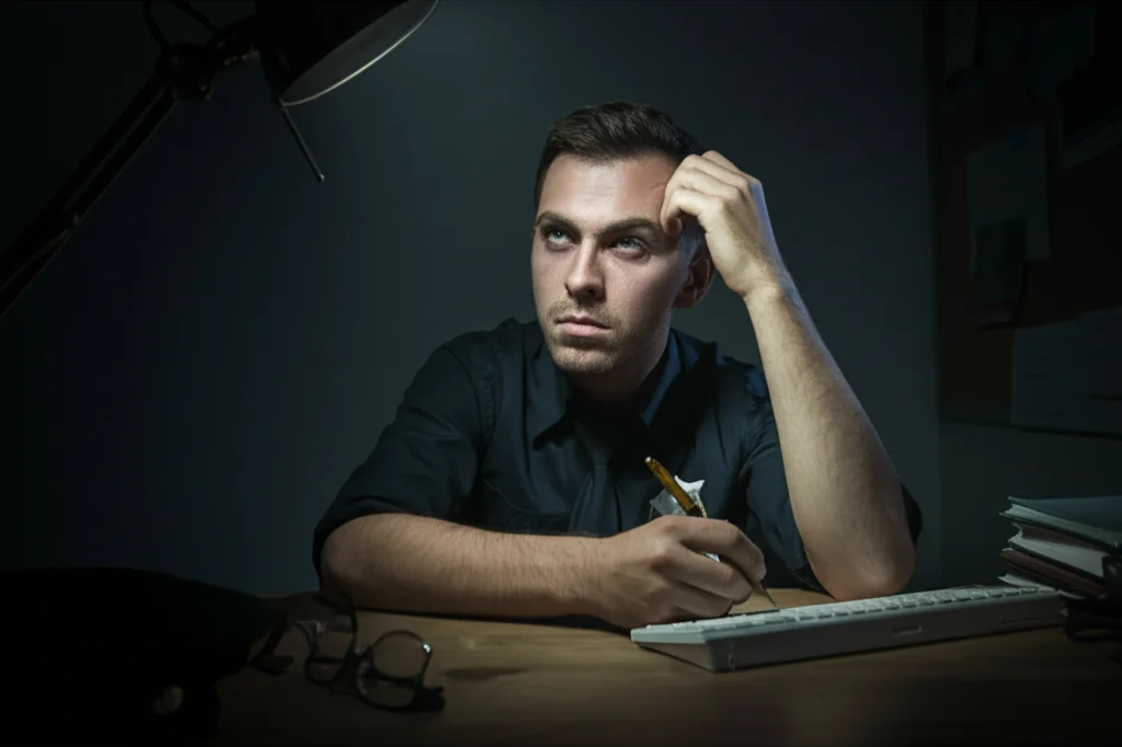 Primo piano di un agente di polizia di frontiera stanco, seduto alla scrivania dopo un lungo turno, luce fioca e contrastata stile film noir, obiettivo prime 35mm, profondità di campo ridotta per enfatizzare l'espressione esausta e lo stress accumulato.