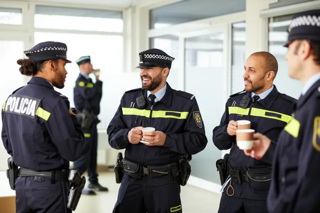 Gruppo di agenti di polizia in uniforme che parlano e sorridono durante una pausa caffè in una sala comune ben illuminata, luce naturale, obiettivo zoom 50mm, atmosfera di cameratismo e supporto reciproco evidente.
