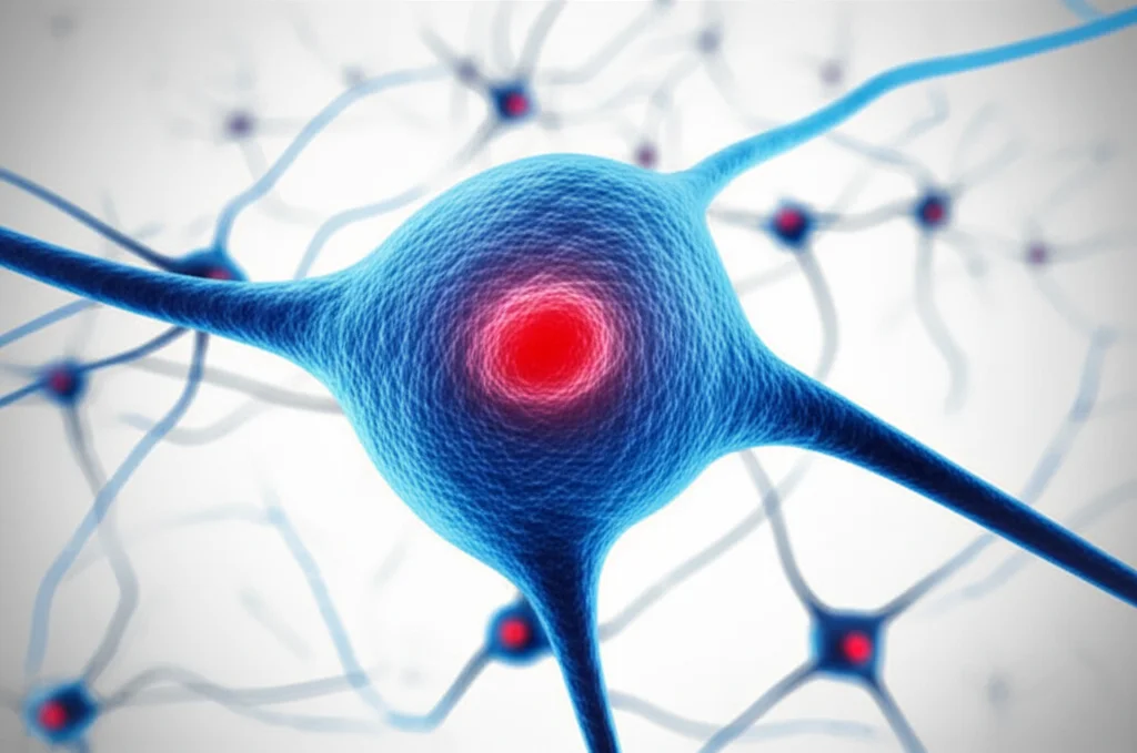 Illustrazione 3D fotorealistica che mostra neuroni nella vCA1 dell'ippocampo. Alcuni neuroni sono evidenziati in blu (influenzati dalla serotonina tramite disinibizione) e altri in rosso (influenzati dalla neurotensina tramite eccitazione diretta). I percorsi neurali dal DR e dal PVT sono visibili sullo sfondo. Obiettivo prime 35mm, profondità di campo, stile scientifico.