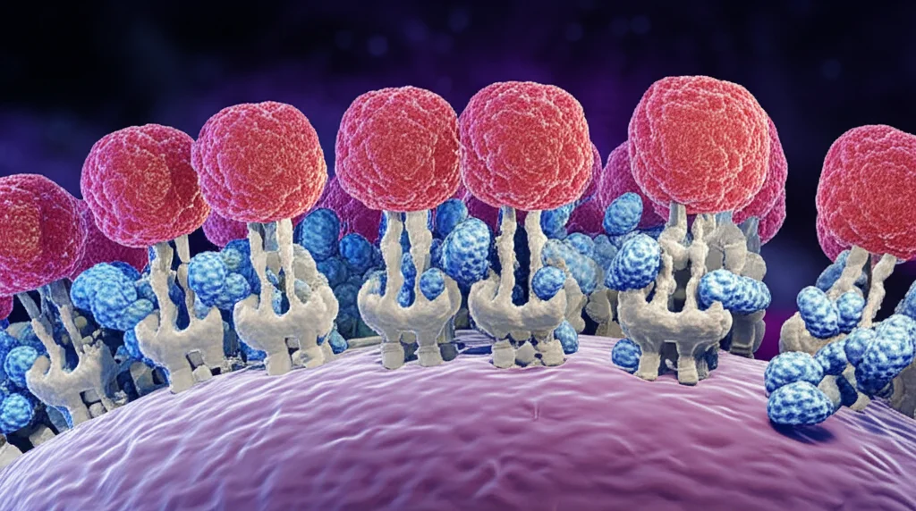 Fotografia macro di molecole di serotonina (sfere blu brillanti) e neurotensina (sfere rosse brillanti) che interagiscono con recettori stilizzati su una membrana cellulare neuronale. Illuminazione drammatica e controllata, dettaglio elevato, obiettivo macro 85mm.