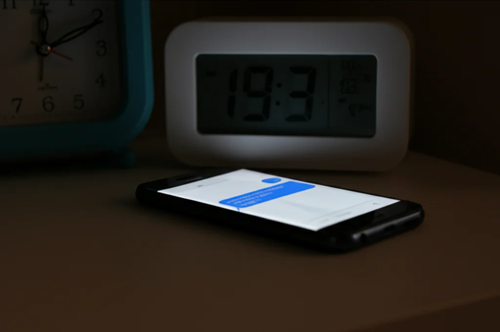 Macro fotografia di uno smartphone appoggiato su un comodino di notte, schermo illuminato da una notifica di messaggio lavorativo, accanto a una sveglia digitale, obiettivo macro 90mm, alta definizione, luce ambientale controllata e soffusa per creare un'atmosfera intima ma che suggerisce l'invasione del lavoro nella vita privata.
