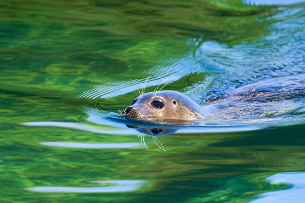 Fotografia naturalistica di una foca anellata del Saimaa che nuota sotto la superficie dell'acqua limpida del lago in estate, teleobiettivo 200mm, inseguimento del movimento, alta velocità dell'otturatore per congelare l'azione.