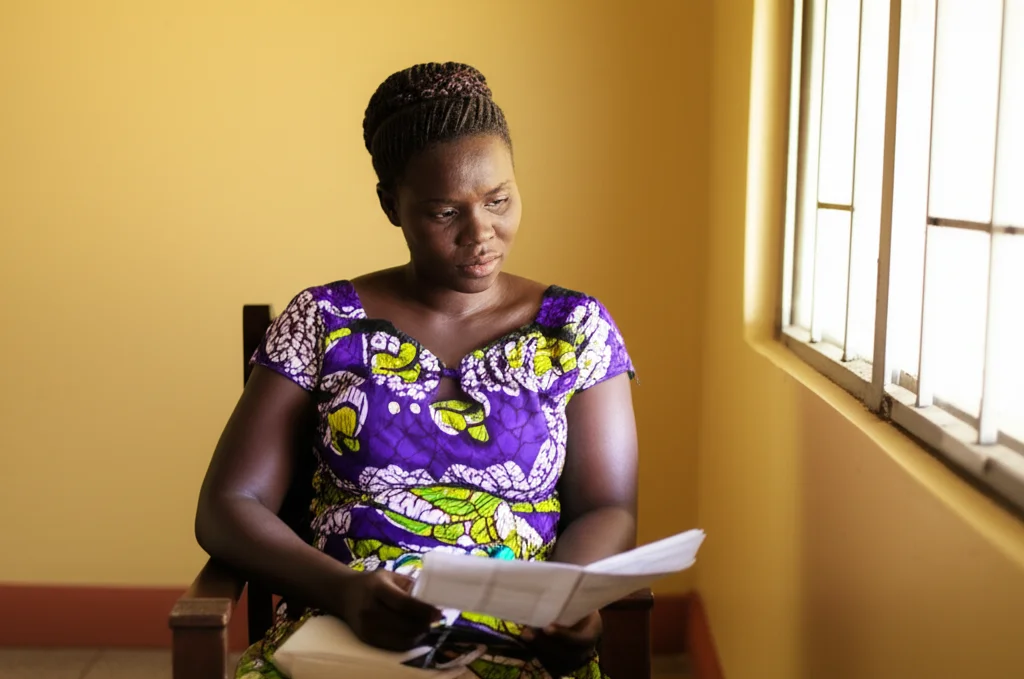 Una giovane madre ghanese in un contesto clinico, magari una sala d'attesa di un centro sanitario a Cape Coast, con un'espressione pensierosa mentre guarda un opuscolo informativo sugli antibiotici. Luce naturale, stile documentaristico. Obiettivo 35mm, profondità di campo media.