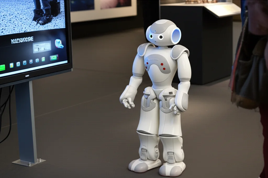 Fotografia realistica di un piccolo robot umanoide bianco (tipo Nao) in piedi davanti a uno schermo in una sala di museo moderna e luminosa, mentre interagisce con un visitatore. Obiettivo 35mm, profondità di campo, luce naturale morbida.