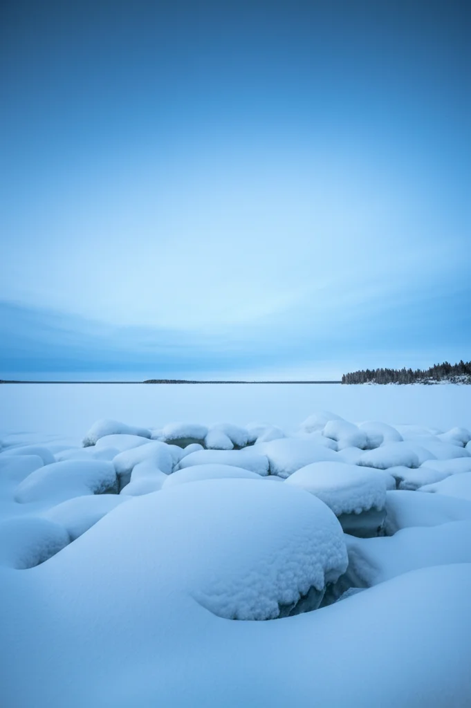 Paesaggio invernale del lago Saimaa ghiacciato con cumuli di neve, obiettivo grandangolare 18mm, messa a fuoco nitida su tutta la scena, luce fredda dell'alba invernale, lunga esposizione per rendere l'idea del silenzio e della vastità.