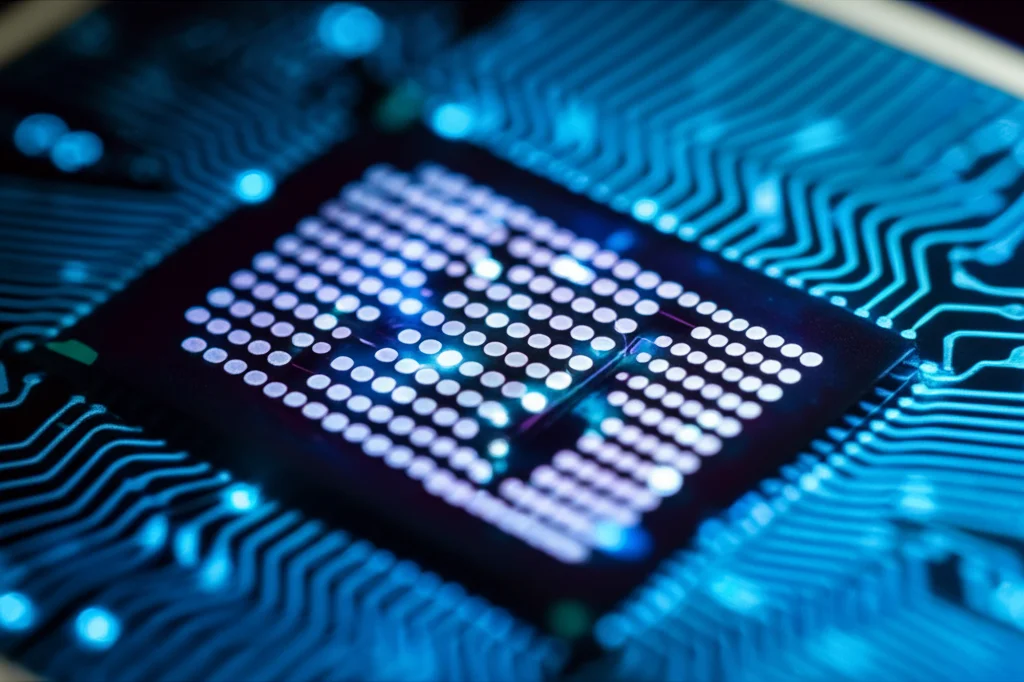 Macro fotografia di un chip di silicio con pattern luminosi che si irradiano, simboleggiando il processo di ragionamento di un'IA o di un robot. Obiettivo macro 90mm, alta definizione, illuminazione controllata con toni blu e viola.