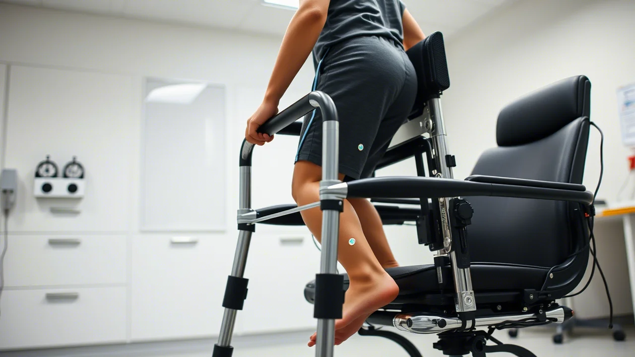 Laboratorio di biomeccanica con un partecipante giovane che si alza da una sedia strumentata usando un deambulatore robotico. Elettrodi EMG visibili sul corpo, marcatori riflettenti per motion capture. Obiettivo prime 35mm, profondità di campo media, illuminazione controllata da laboratorio, stile fotorealistico.