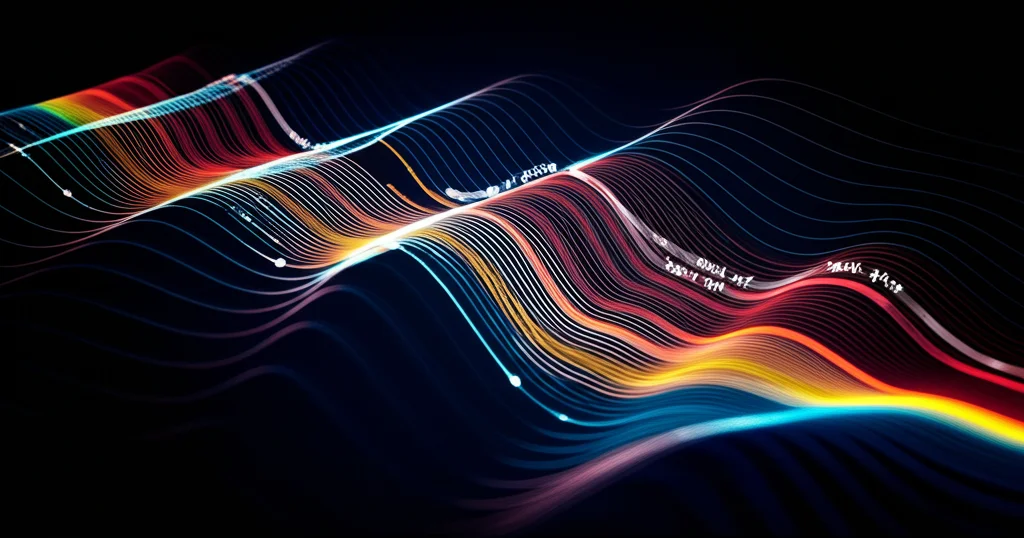 Visualizzazione grafica astratta di sinergie muscolari temporali. Linee ondulate rappresentano i profili di attivazione nel tempo, con picchi stretti evidenziati attorno ai punti 'seat-off' e 'seat-on'. Sfondo scuro con accenti luminosi, stile high-tech, macro lens 60mm per dettaglio sui picchi.