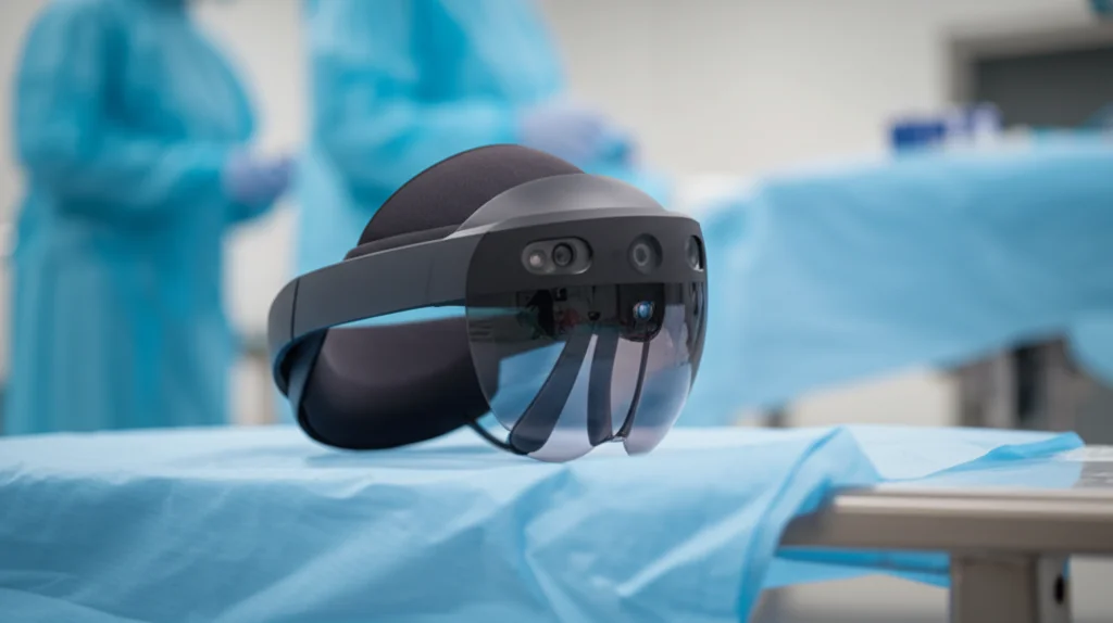 Primo piano di un visore HoloLens2 appoggiato su un tavolo sterile in sala operatoria, luce soffusa, dettagli high-tech del dispositivo visibili, lente macro 60mm, messa a fuoco precisa.