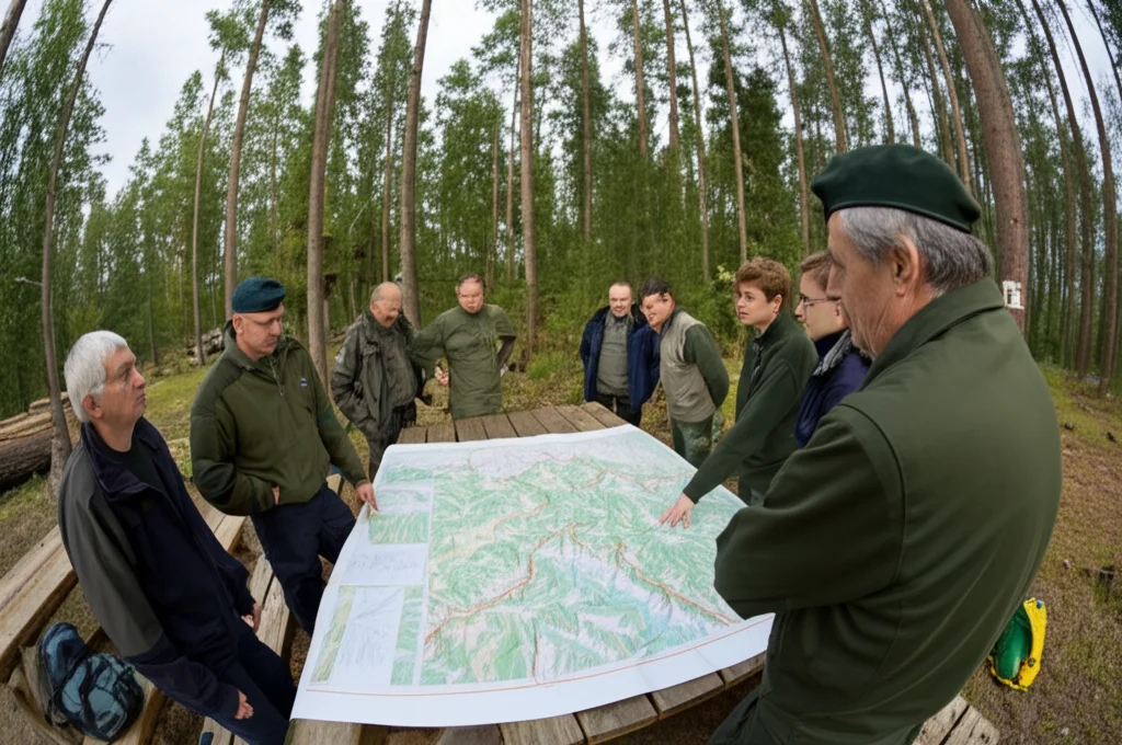 Vista grandangolare di una riunione informale all'aperto tra diversi attori forestali (guardie forestali, ricercatori, rappresentanti locali) che discutono animatamente davanti a una mappa dettagliata del bosco stesa su un tavolo da picnic, obiettivo grandangolare 20mm, luce naturale morbida del pomeriggio, profondità di campo che mostra la foresta sullo sfondo.