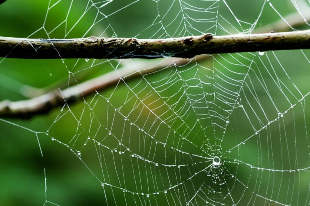 Primo piano macro di una goccia di rugiada su una ragnatela intricata tesa tra i rami di un albero in una foresta, obiettivo macro 100mm, alta definizione, illuminazione controllata per evidenziare la struttura della rete e la goccia.