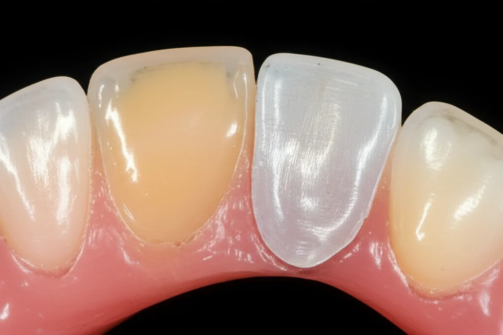 Primo piano macro di una protesi dentale stampata in 3D, metà superficie lucidata meccanicamente e metà vetrificata, illuminazione controllata per evidenziare la texture superficiale, lente macro 100mm, alta definizione.