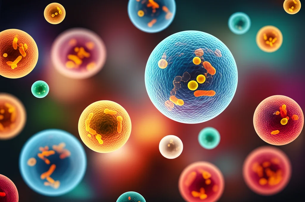 Visualizzazione astratta e fotorealistica del concetto di metaboloma intestinale. Sfere luminose di diversi colori (rappresentanti i metaboliti) fluttuano in un ambiente organico simile all'interno dell'intestino, con sagome sfocate di batteri sullo sfondo. Effetto 'bokeh', colori caldi e freddi contrastanti, profondità di campo.