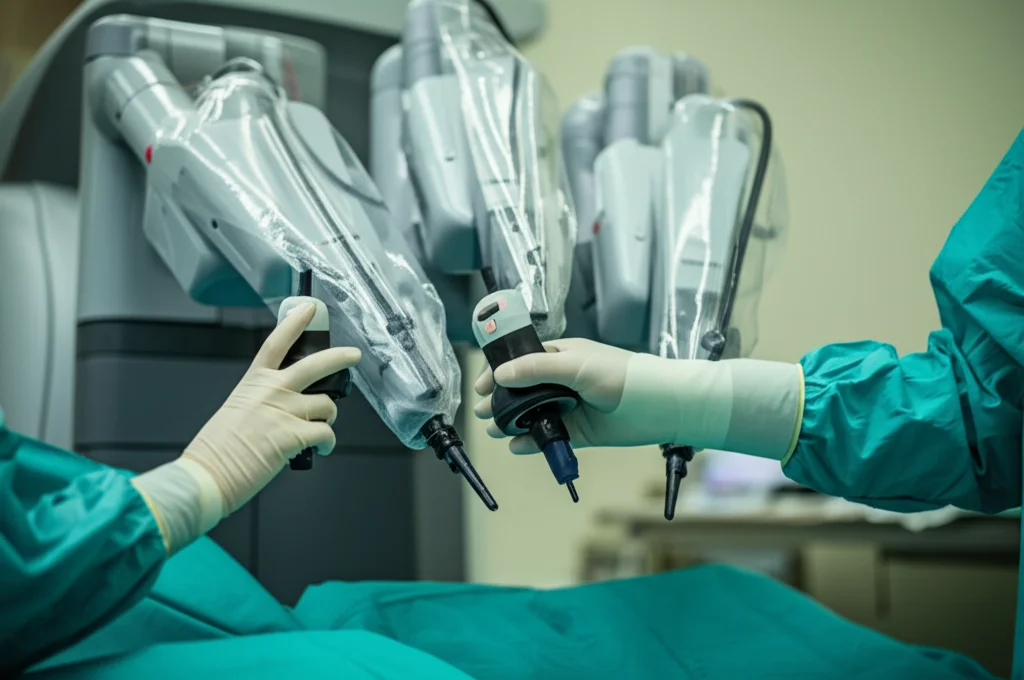 Fotografia macro di una mano guantata di un chirurgo che controlla i joystick di una console robotica chirurgica, luce controllata, alta definizione, messa a fuoco precisa sui controlli, 100mm Macro lens.
