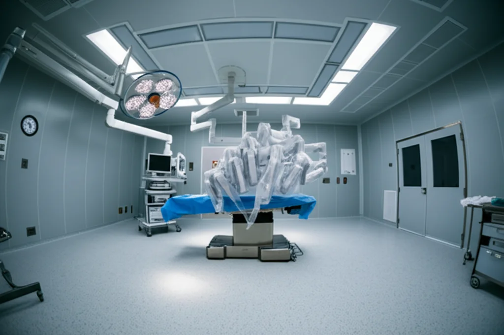Fotografia grandangolare di una sala operatoria moderna e luminosa con un sistema robotico chirurgico avanzato al centro, vuota, luce ambientale nitida, long exposure per enfatizzare la tecnologia pulita, wide-angle 15mm.
