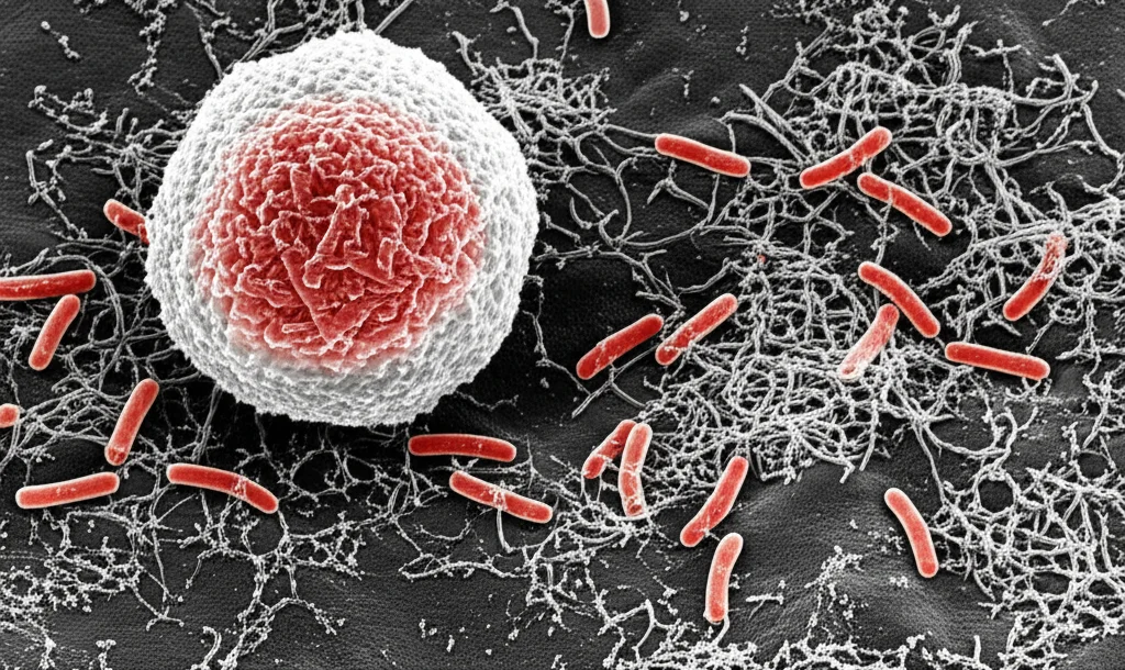 Immagine al microscopio elettronico a scansione, fotorealistica, di Mycobacterium tuberculosis (bacilli rossi stilizzati per chiarezza) che interagiscono con macrofagi umani. Alta definizione, illuminazione da microscopia, obiettivo ad altissimo ingrandimento, bianco e nero con bacilli colorati.
