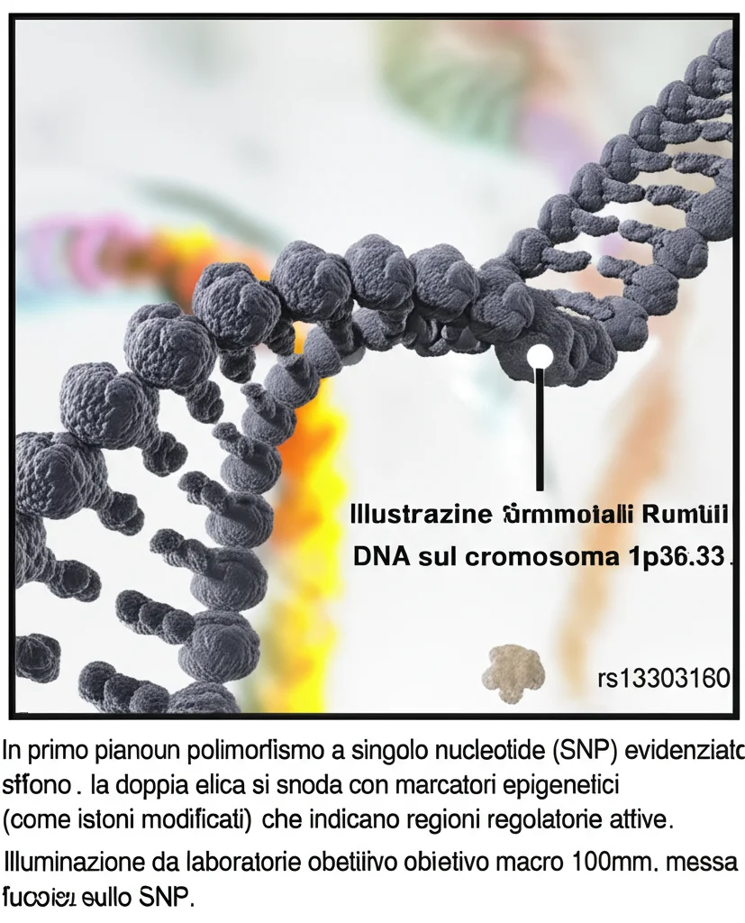 Illustrazione fotorealistica di una regione del DNA sul cromosoma 1p36.33. In primo piano, un polimorfismo a singolo nucleotide (SNP) rs13303160 evidenziato. Sullo sfondo, la doppia elica si snoda con marcatori epigenetici (come istoni modificati) che indicano regioni regolatorie attive. Illuminazione da laboratorio, alta definizione, obiettivo macro 100mm, messa a fuoco precisa sullo SNP.