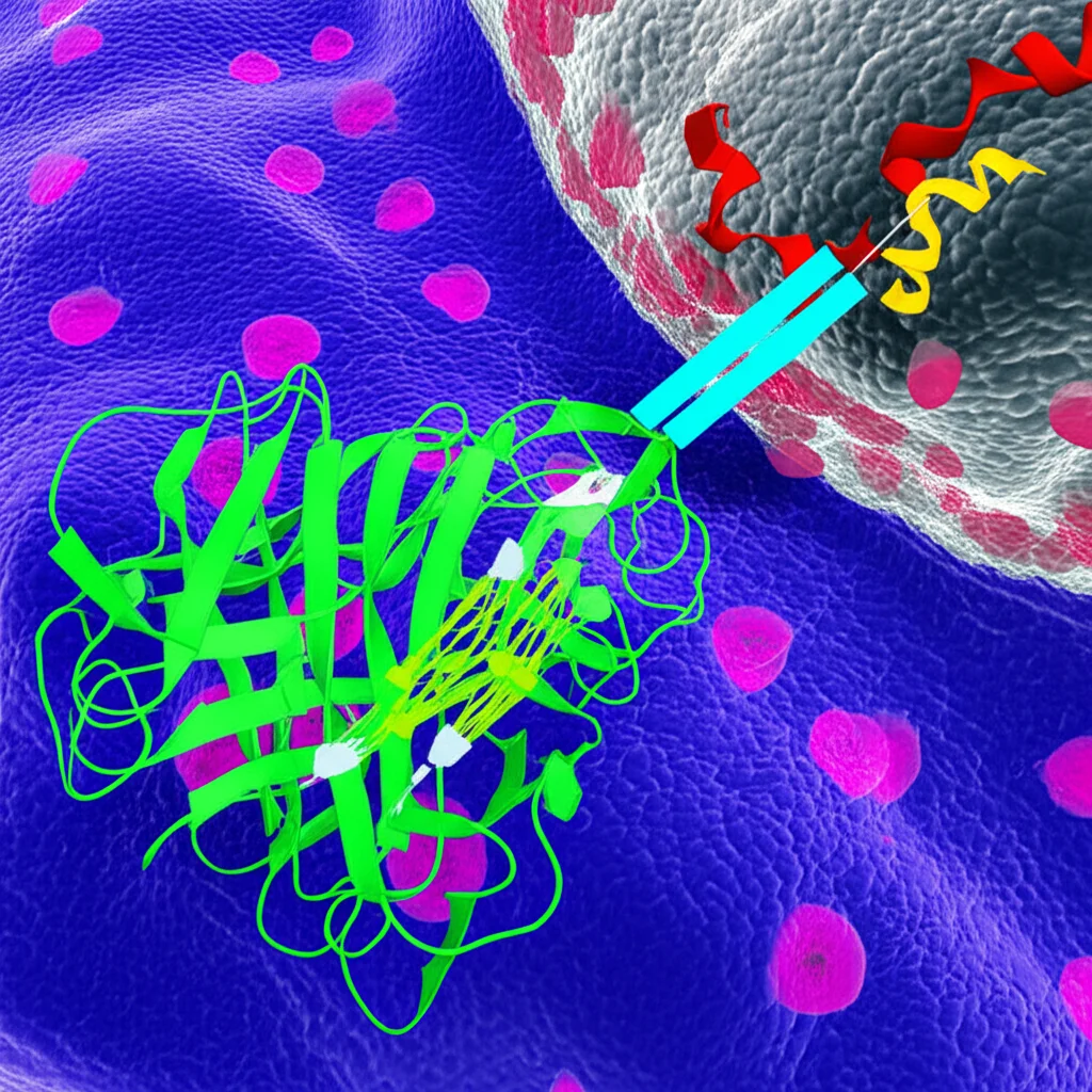 Micrografia elettronica simulata e fotorealistica di una cellula pancreatica. In evidenza il complesso CRL3 con KLHL17 che interagisce con le proteine substrato vimentina e nestina, marcandole per la degradazione. Alta definizione, illuminazione interna cellulare, obiettivo ad alta magnificazione (simulato), messa a fuoco precisa sul complesso proteico.