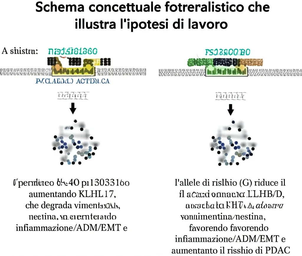 Schema concettuale fotorealistico che illustra l'ipotesi di lavoro. A sinistra: l'allele protettivo (A) di rs13303160 permette a JunB/D di legarsi, aumentando KLHL17, che degrada vimentina/nestina, riducendo infiammazione/ADM/EMT e il rischio di PDAC. A destra: l'allele di rischio (G) riduce il legame di JunB/D, abbassa KLHL17, aumenta vimentina/nestina, favorendo infiammazione/ADM/EMT e aumentando il rischio di PDAC. Stile infografica scientifica, alta definizione, illuminazione chiara e contrastata.