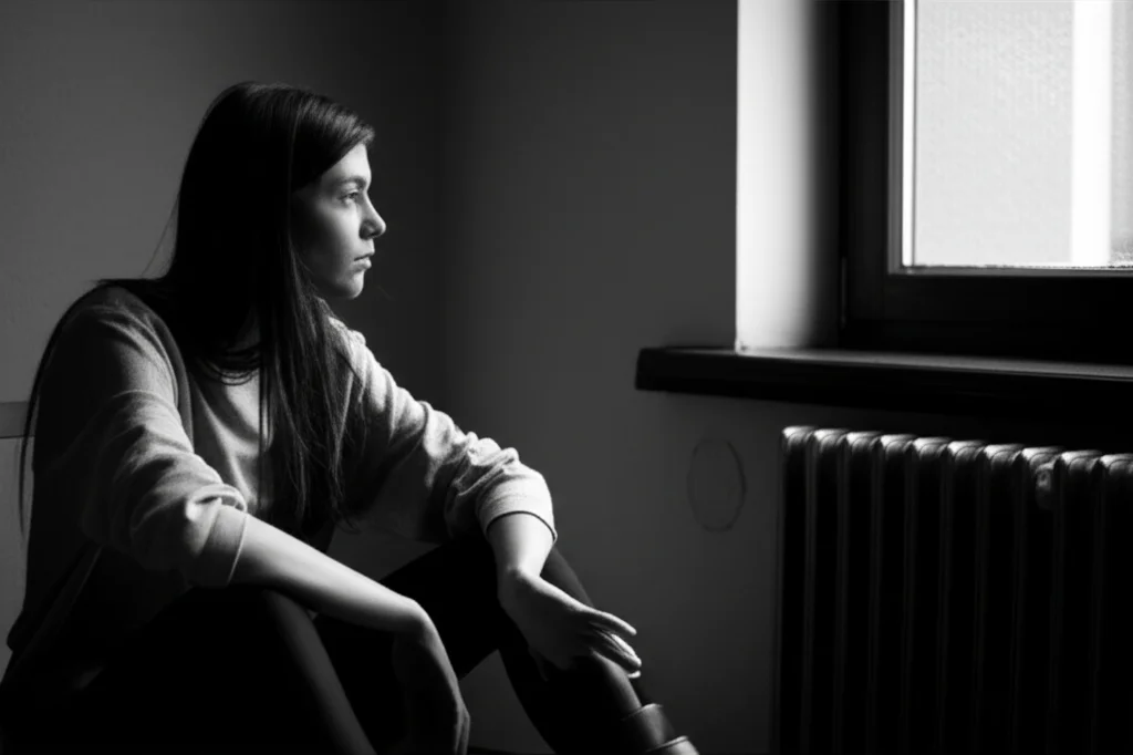 Fotografia in bianco e nero, stile film noir, con obiettivo da 35mm, che ritrae una giovane adolescente seduta da sola in una stanza spoglia, forse un'aula di tribunale o un ufficio, con un'espressione pensierosa e vulnerabile guardando verso la finestra. Profondità di campo ridotta per focalizzare sull'emozione.