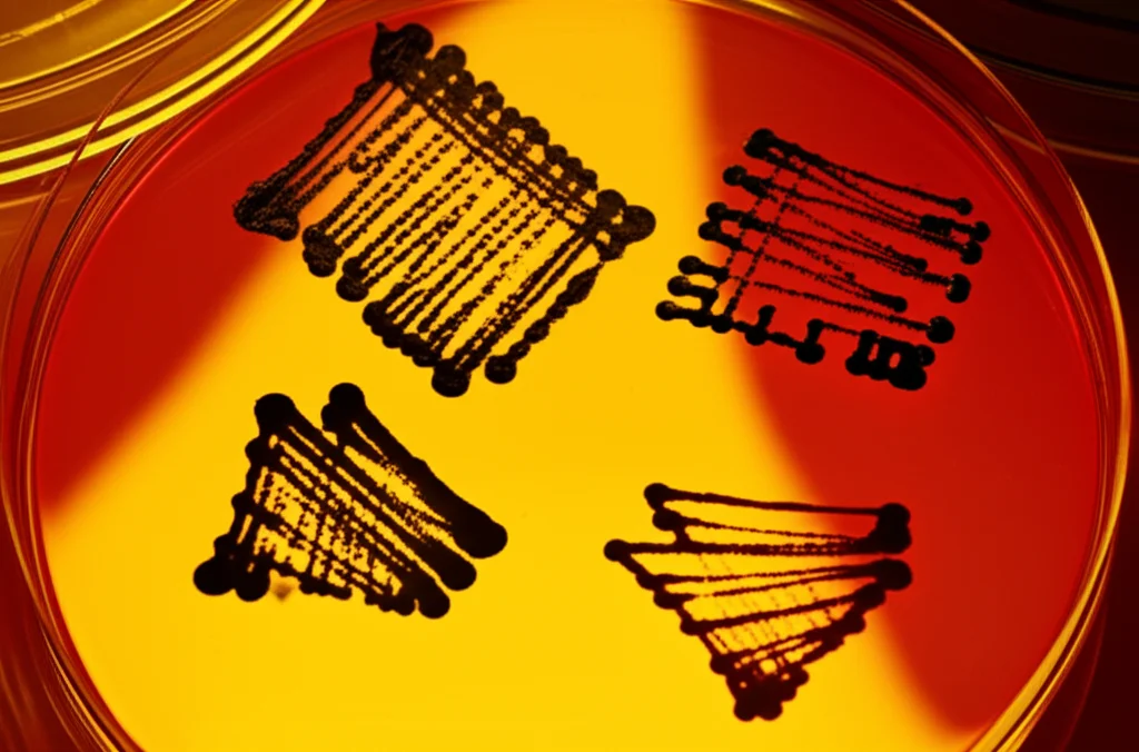 Macro fotografia di colonie batteriche di E. coli che crescono su una piastra di Petri in un incubatore da laboratorio, illuminazione controllata per evidenziare le differenze di crescita tra le colonie, lente macro 90mm, alta definizione, messa a fuoco precisa sulle diverse dimensioni delle colonie.