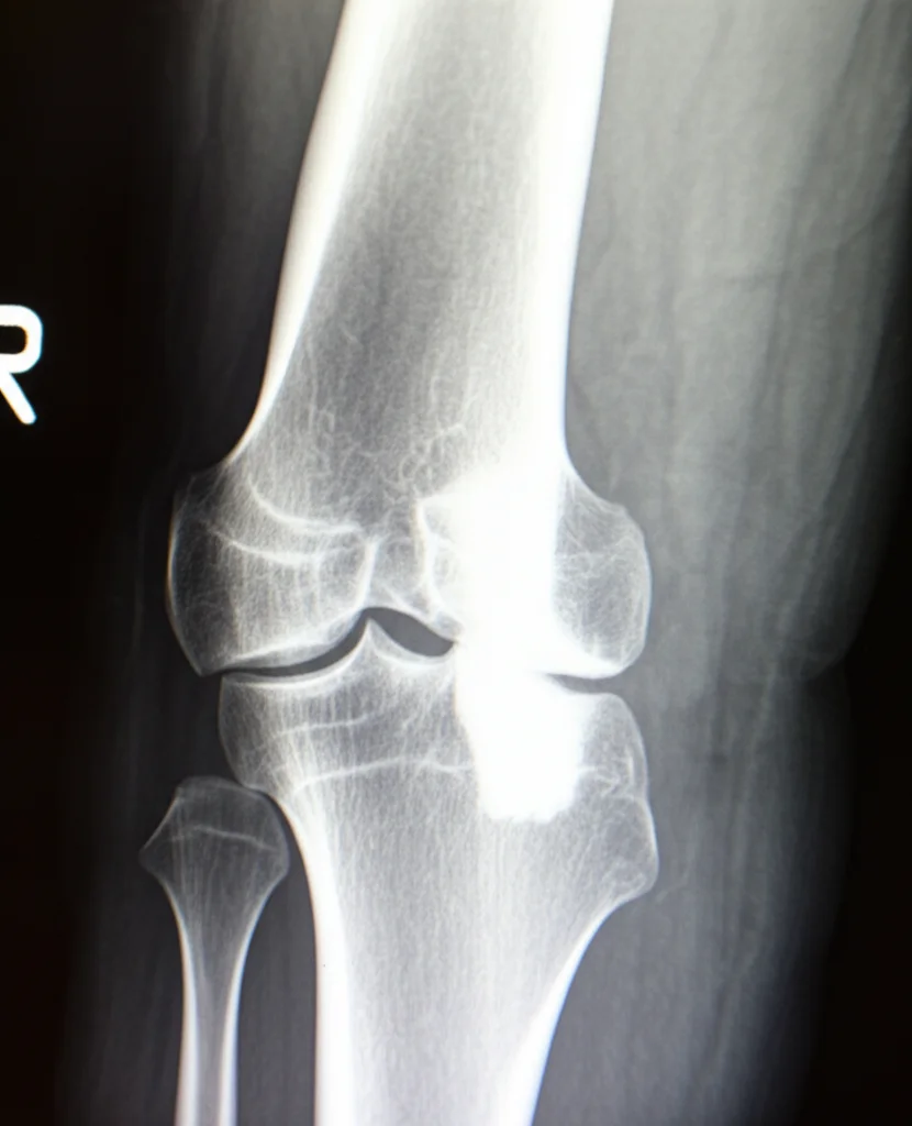 Radiografia close-up, stile macro 90mm, che mostra un osso lungo di un adolescente (tibia o femore) con una lesione da displasia osteofibrosa prima dell'intervento chirurgico, evidenziando la struttura ossea anomala e potenziale frattura patologica. Illuminazione controllata per massimo dettaglio.