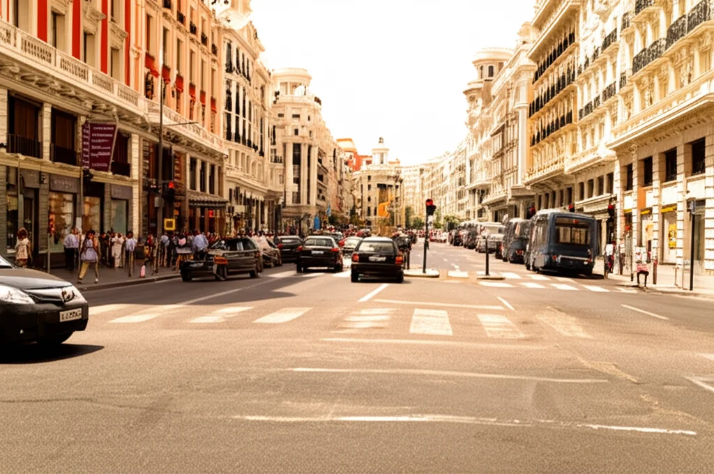 Fotografia realistica di una strada trafficata di Madrid in una giornata estiva molto calda, l'asfalto sembra quasi sciogliersi per l'effetto foschia da calore, persone cercano riparo all'ombra. Obiettivo grandangolare 24mm, messa a fuoco nitida sull'intera scena.