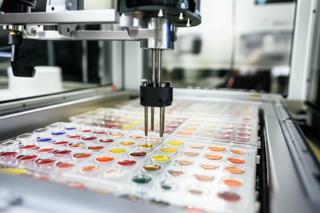 Immagine di laboratorio high-throughput con un braccio robotico che movimenta micropiastre a 96 pozzetti contenenti colture batteriche liquide di diversi colori (indicanti reazioni o crescita). Illuminazione da laboratorio brillante e controllata, lente 50mm, messa a fuoco sull'interazione tra robot e piastre.