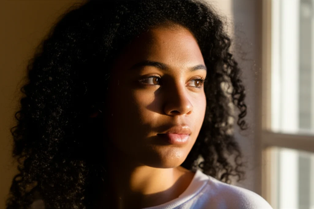 Ritratto a colori duotone (viola e arancione), obiettivo 35mm, di un'adolescente di etnia mista che guarda fuori da una finestra, luce soffusa che ne illumina parzialmente il volto. L'espressione è complessa, un misto di forza interiore e preoccupazione, a simboleggiare lo stress da minoranza e l'intersezionalità. Profondità di campo.