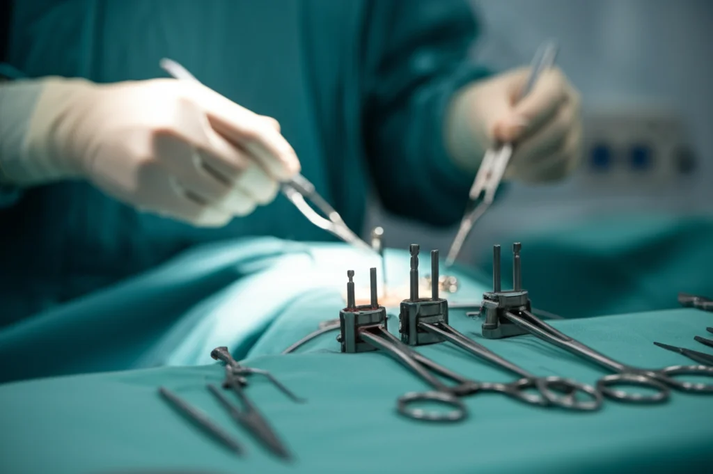 Sala operatoria luminosa, focus su strumenti chirurgici per fissazione interna (chiodi endomidollari, placche), obiettivo prime 35mm, profondità di campo ridotta per isolare gli strumenti, atmosfera professionale e sterile.