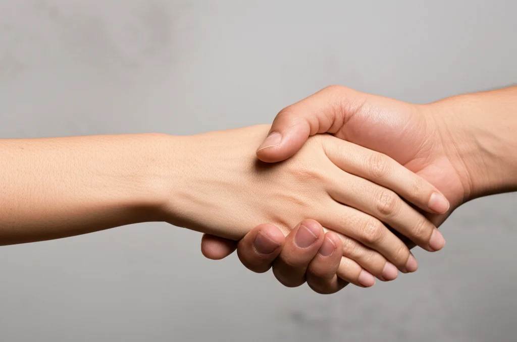 Fotografia macro, obiettivo 100mm, con messa a fuoco precisa e illuminazione controllata, che mostra due mani adolescenti che si stringono delicatamente, una che offre supporto all'altra, su uno sfondo neutro. Simboleggia la necessità di aiuto, connessione e interventi mirati. Dettaglio elevato sulle texture della pelle.