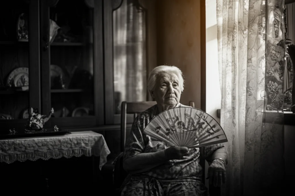 Ritratto fotografico di una donna anziana che si rinfresca con un ventaglio seduta in casa sua, luce calda pomeridiana entra dalla finestra. Obiettivo prime 35mm, bianco e nero, profondità di campo.