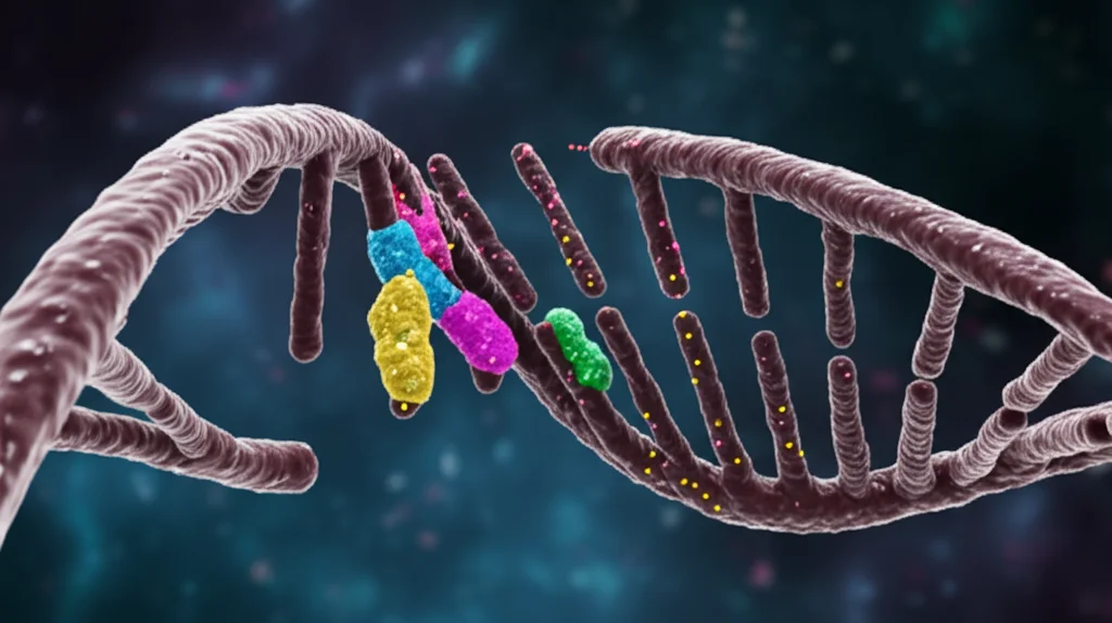 Visualizzazione 3D di un filamento di DNA con evidenziate regioni regolatorie come enhancer e promotori, alcune mostrano mutazioni puntiformi somatiche indicate da punti luminosi. Macro lens, 90mm, high detail, precise focusing, controlled lighting, sfondo scuro per contrasto.