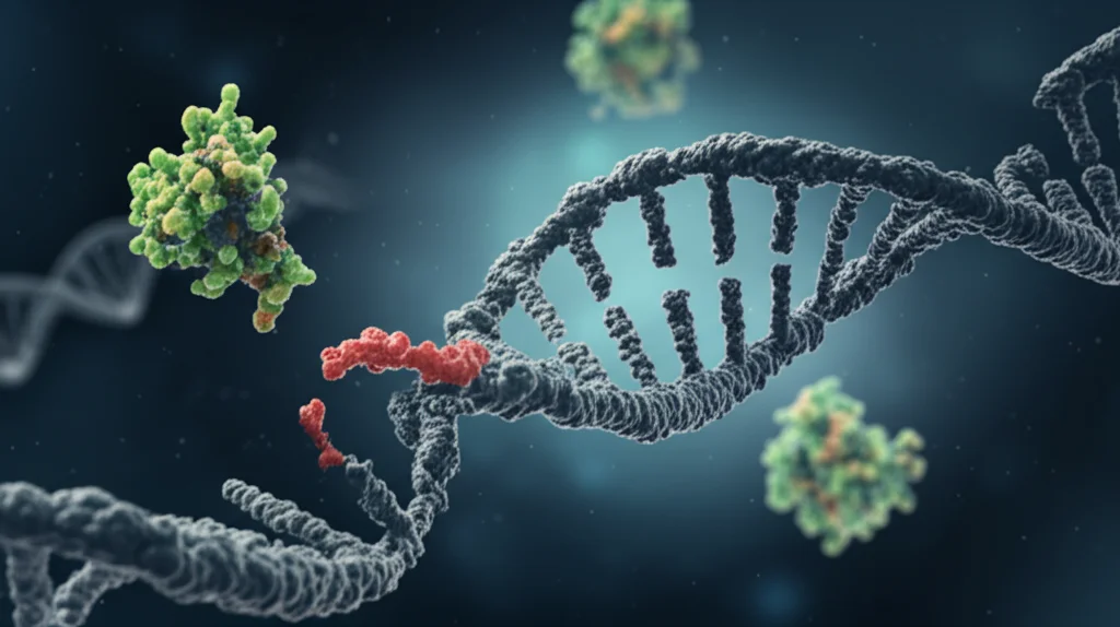 Illustrazione concettuale di fattori di trascrizione (proteine stilizzate) che tentano di legarsi a un sito specifico su un filamento di DNA, ma il legame è interrotto a causa di una mutazione (un 'errore' visibile sul DNA). Depth of field, 50mm prime lens, luce drammatica laterale, colori tenui.