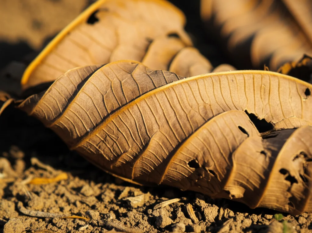 Primo piano macro di una foglia secca e accartocciata su un terreno arido sotto il sole cocente, dettaglio elevato delle venature. Obiettivo macro 90mm, illuminazione naturale intensa.