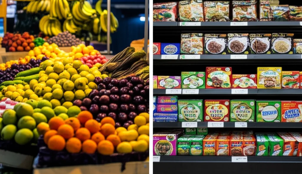 Split photorealistic image: a sinistra una bancarella di un vivace mercato brasiliano con frutta e verdura fresca, obiettivo macro, 80mm, alta definizione, illuminazione controllata; a destra uno scaffale con confezioni colorate ma dall'aspetto artificiale di cibi ultra-processati, messa a fuoco precisa.