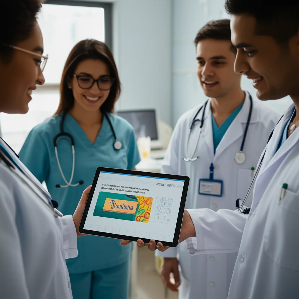 Gruppo eterogeneo di professionisti sanitari brasiliani in un luminoso ambulatorio di cure primarie, guardano con interesse un tablet che mostra un'interfaccia colorata di un corso online con l'etichetta 'QualiGuia', obiettivo prime, 35mm, profondità di campo.