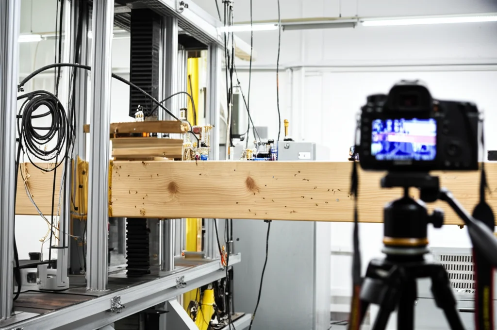 Scatto grandangolare, obiettivo da 20 mm, focus acuto, cattura di una configurazione di laboratorio con un grande raggio di legname che subisce un test di flessione a quattro punti in una macchina di test universale. Sensori come LVDT e fili sono visibili e una fotocamera su un treppiede è posizionata per catturare le immagini DIC della superficie laterale maculata del raggio sotto luci di laboratorio luminose.