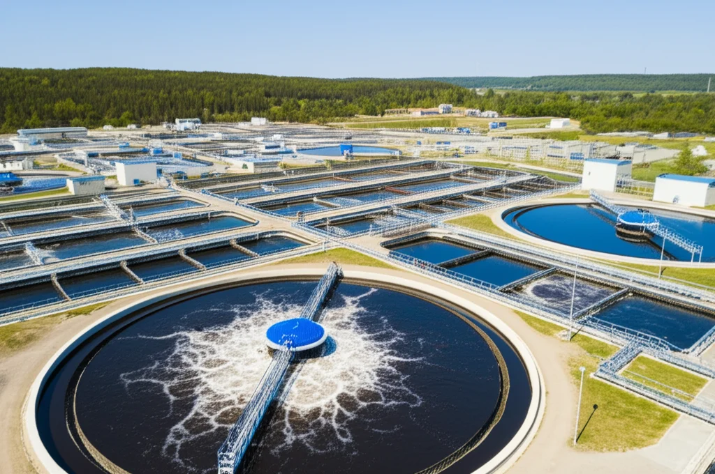 Vista aerea di un moderno impianto di trattamento delle acque reflue, ampio angolo 15mm, luce diurna brillante, messa a fuoco nitida sull'intera struttura e sull'acqua nei bacini, mostrando la complessità dell'impianto.