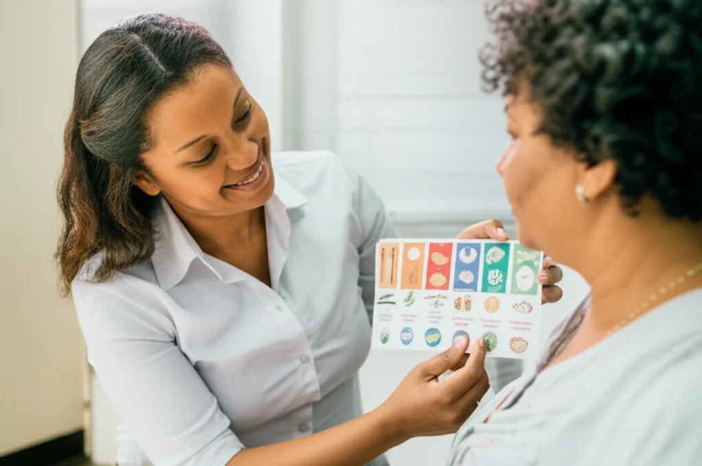 Ritratto caldo ed empatico di un'infermiera brasiliana che consiglia una paziente adulta sorridente in una sala di consultazione di cure primarie, tenendo in mano una guida visiva sulle scelte alimentari sane basate sulle linee guida brasiliane, obiettivo prime, 50mm, profondità di campo, luce naturale.