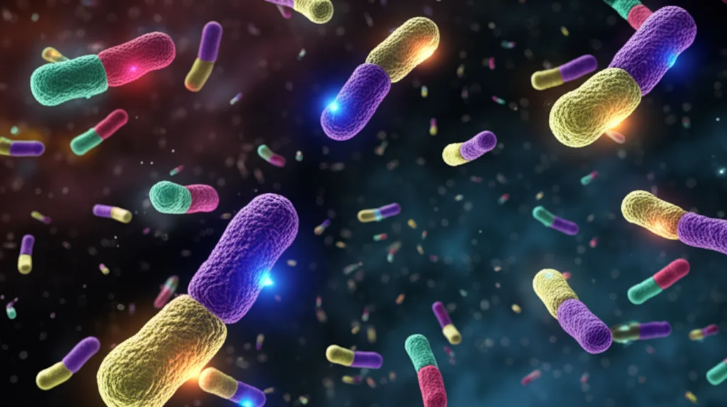 Visualizzazione 3D astratta del trasferimento genico orizzontale tra diverse cellule batteriche colorate, con plasmidi luminosi che si muovono tra di loro su uno sfondo scuro e dettagliato, evocando un processo dinamico.
