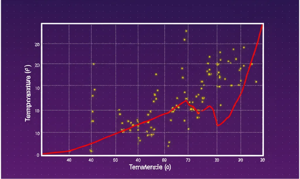 Grafico scientifico complesso su schermo digitale che mostra la correlazione tra temperatura (linea rossa ascendente) e abbondanza di geni di resistenza (punti dati sparsi), con etichette chiare e sfondo high-tech.