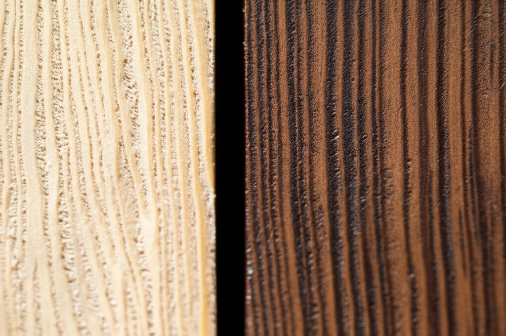 Still life, macro lens 100mm, due piccoli blocchi di legno di castagno affiancati, uno di colore chiaro naturale (non modificato), l'altro di un marrone più scuro e ricco (termotrattato), con messa a fuoco precisa sulle differenze di texture superficiale dopo la levigatura, illuminazione controllata da studio.